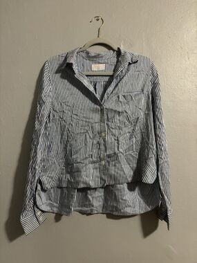 Jeune Otte Button Up Blue White Striped Collared Button Up Top Long Sleeve Large